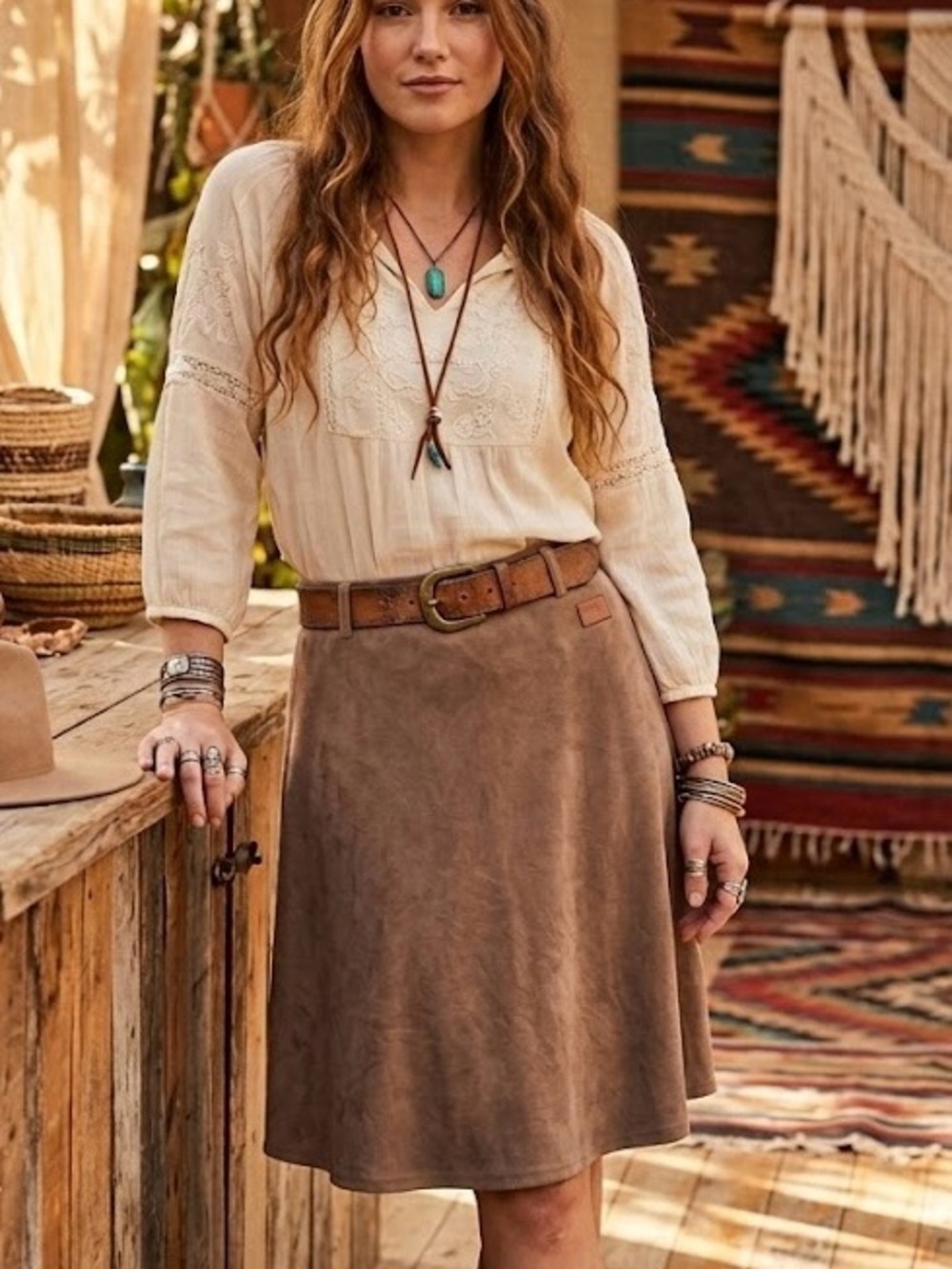 Another Story Taupe Faux Suede A-Line Skirt Boho Peasant Cottagecore Hippie